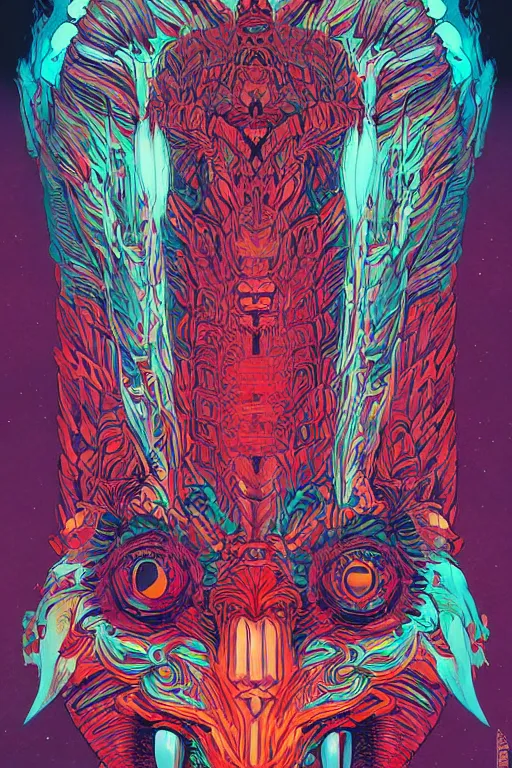 Image similar to totem animal tribal chaman vodoo mask feather gemstone plant video game illustration vivid color borderlands and by feng zhu and loish and laurie greasley, victo ngai, andreas rocha, john harris radiating a glowing aura