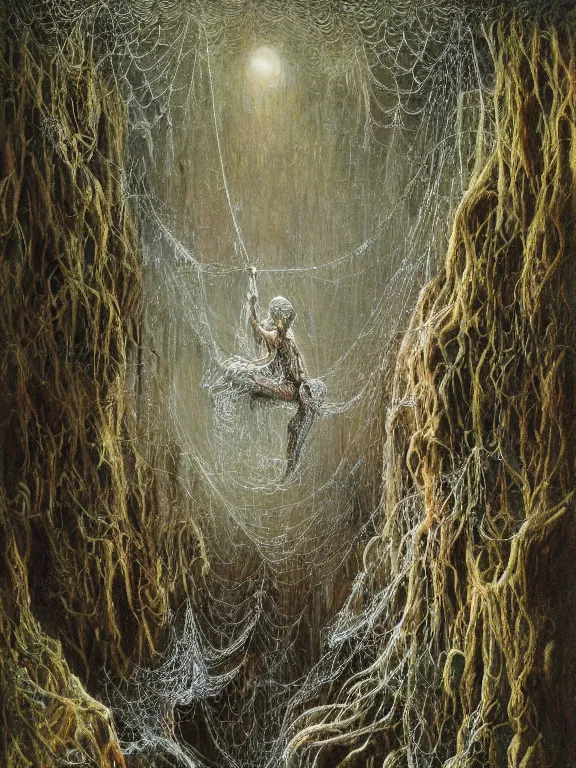 Prompt: A detailed painting of cobweb hanging on the eldritch forest cave,ethereal,maximalism,glittering,by Gustave Doré and peter gric,Trending on artstation