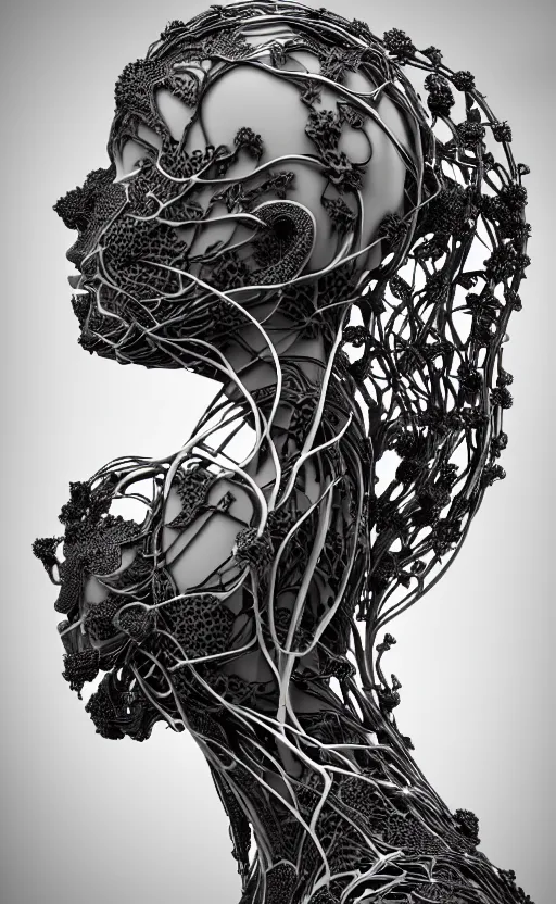 Prompt: black and white complex 3d render of 1 beautiful profile woman porcelain face, vegetal dragon cyborg, 150 mm, sinuous flower stems, roots, leaves, fine lace, maze-like, mandelbot fractal, anatomical, facial muscles, cable wires, microchip, elegant, highly detailed, black metalic armour with silver details, rim light, octane render, H.R. Giger style, David Uzochukwu