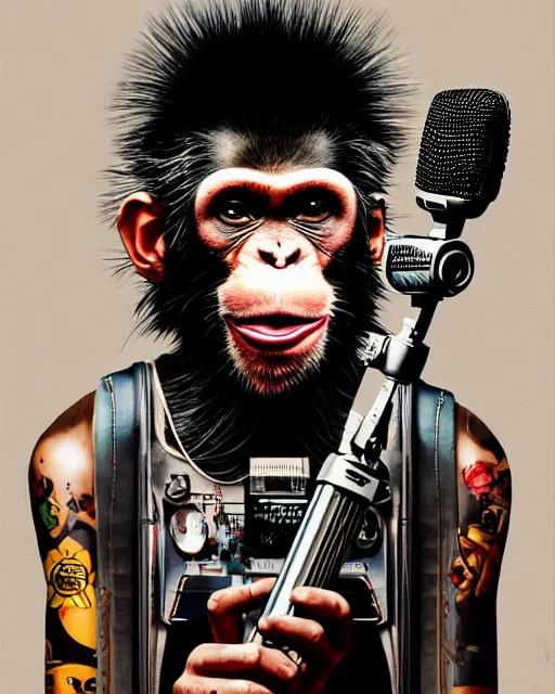 Image similar to a portrait of an anthropomorphic cyberpunk rockstar chimp singing into a microphone on a stand by sandra chevrier, by jon foster, detailed render, tape deck, epic composition, cybernetics, 4 k realistic, cryengine, realistic shaded lighting, sharp focus, masterpiece, by enki bilal