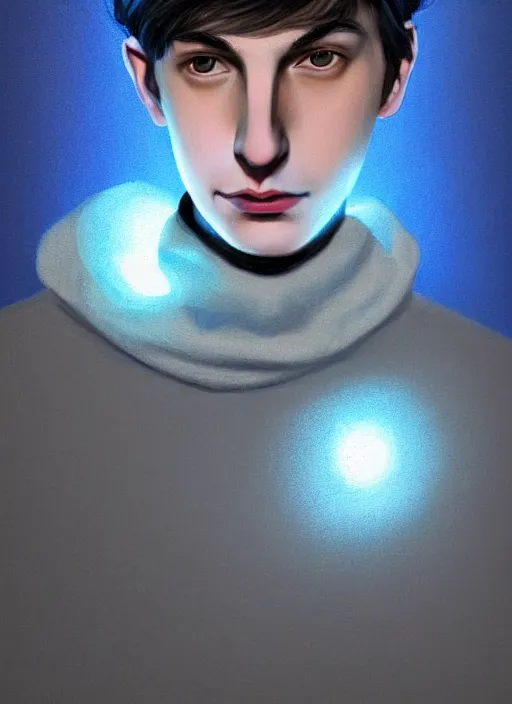 Image similar to portrait of teenage jughead jones wearing a light grey crown, crown, blue turtleneck, 1 9 5 0 s, closed eyes, photorealistic, black hair, glowing lighting, intricate, elegant, glowing lights, highly detailed, digital painting, artstation, concept art, smooth, sharp focus, illustration, art by wlop, mars ravelo and greg rutkowski