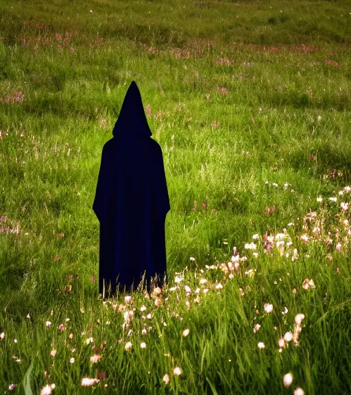 Image similar to tall hooded shadow person figure standing in distance at beautiful meadow of flowers, film photo, grainy, high detail, high resolution