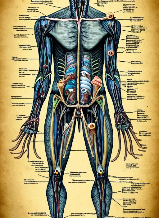 Image similar to academic anatomical diagram poster of a cryptid goblin