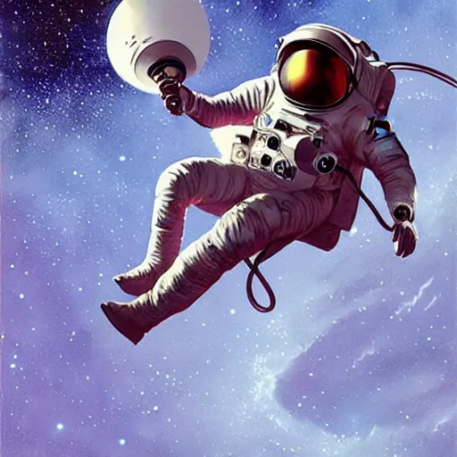 Prompt: astronaut floating in space holding a microphone lots of stars greg rutkowski