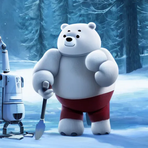 Image similar to ice bear as a robot with an axe from we bare bears in san fransisco, 8 k, weta pixar disney hyper realistic cinematic still