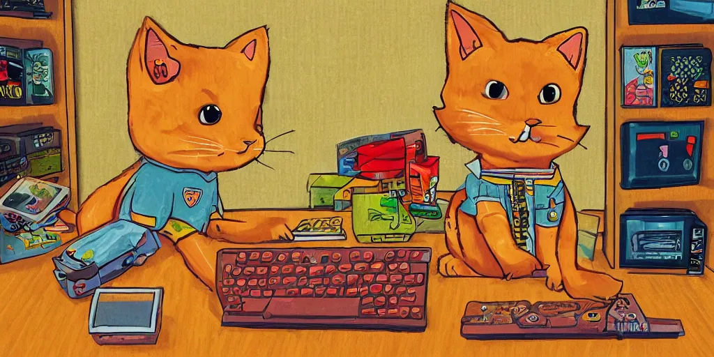 Image similar to an orange tabby kitten playing pc games by richard scarry