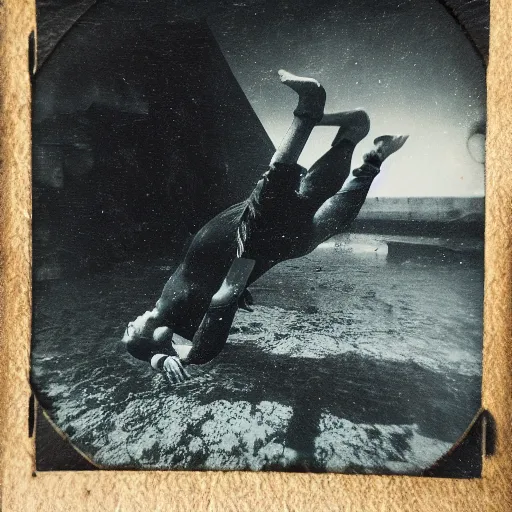 Image similar to tintype photo, underwater, pyramids falling down