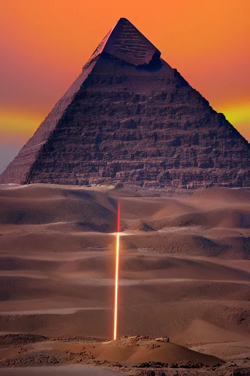 Prompt: egyptian pyramid is shooting tall laser beam in space from the top of the cone, photo by Marc Adamus,