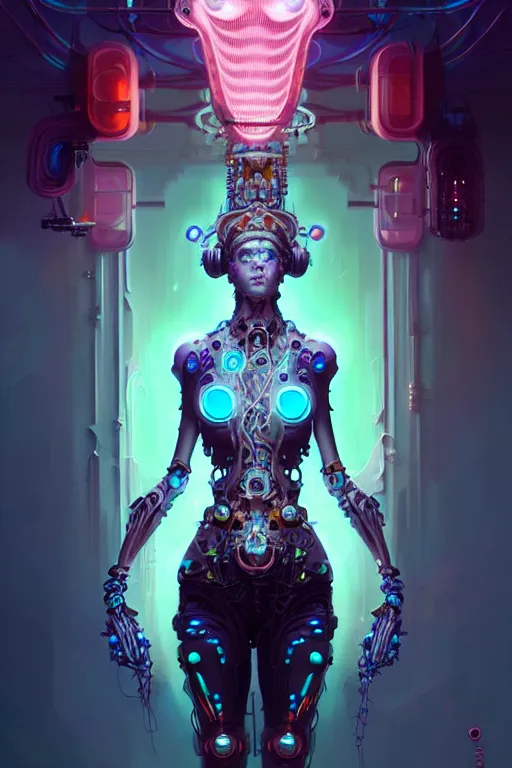 Prompt: portrait, biomechanical bioluminescent queen, cyberpunk, bionics, augments, cables, elegant gleaming intricate baroque jewellery, colorful, vivid, imposing, epic, digital painting, artstation, concept art, by peter mohrbacher and wlop and rhads