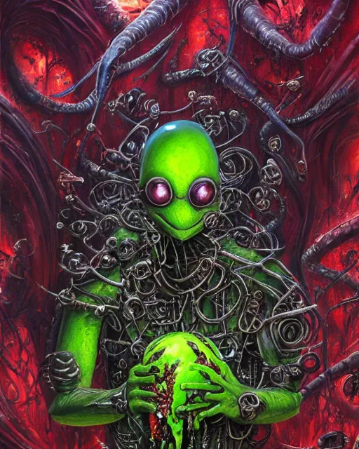 Image similar to charred bloody fleshmetal cyborg daemonhost kermit the frog psychedelic flamer of tzeentch, by antonio j. manzanedo, giger, alex grey, android jones, wayne barlowe, philippe druillet, raymond swanland, cyril rolando, josephine wall, harumi hironaka, cronenburg, trending on artstation