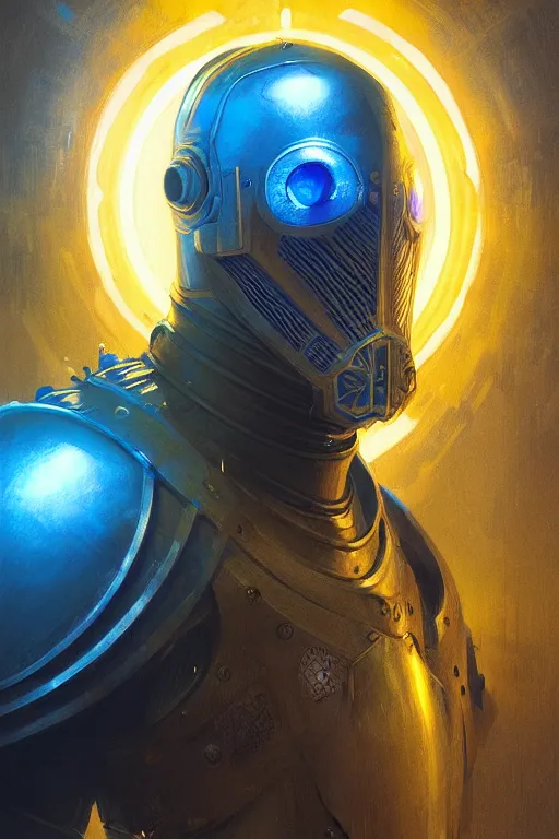 Prompt: medieval knight, cyberpunk, blue and yellow glow, realistic portrait full body, symmetrical, highly detailed, digital painting, artstation, concept art, smooth, sharp focus, illustration, cinematic lighting, art by artgerm and greg rutkowski and alphonse mucha