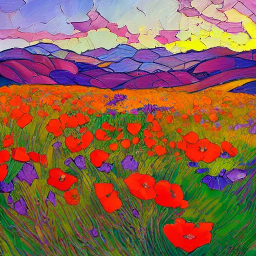 Image similar to a field of poppy flowers and lilac in front of rolling hills during sunset, art by erin hanson, oil painting, muted colors