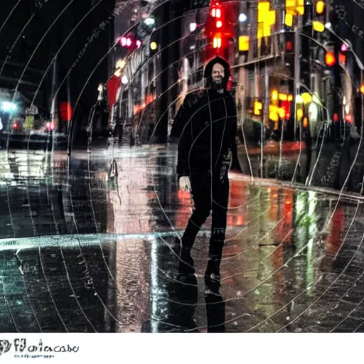 Image similar to keanu reeves walking in the rain on a reflective city street near a red flashing street light, highly detailed face and reflections misty dark