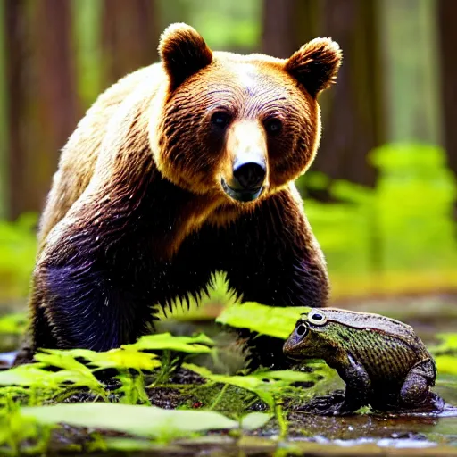 Prompt: vibrant, beautiful, award - winning, photograph of a bear holding a frog in a forest,. daytime, sun light, natural light, outdoors, long shot, wide shot, full shot,