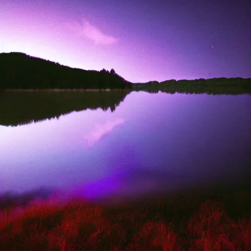 Image similar to shadow of jesus at mountain lake at night still water purple clouds