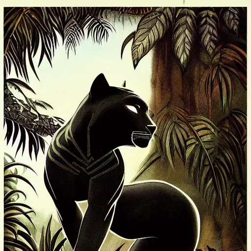 Image similar to artdeco illustration of one beautiful majestic black panther. beautiful. mysterious. intricately detailed. meticulously rendered. background is a jungle. epic skym hd. trending on art station. h 7 6 8