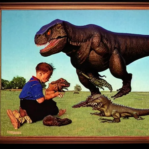 Image similar to a Norman Rockwell painting of a boy and his baby t-rex