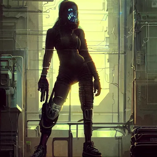 Image similar to female cyberpunk cyber hacker, cybernetic implants, wires, cables, grunge grime, realistic shaded, fine details, realistic shaded lighting painting by greg rutkowski, diego gisbert llorens, magali villeneuve, artgerm, jeremy lipkin, michael garmash, rob rey