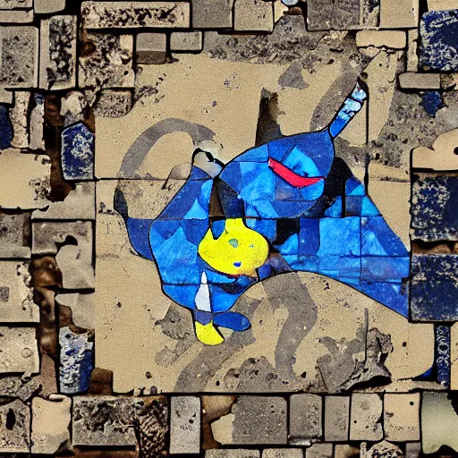 Image similar to Mimikyu pokemon Pompeii mosaic, color, broken, cinematic, render, 4k