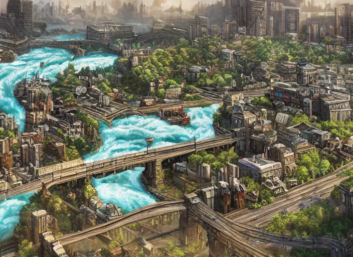 Prompt: wide shot, establishing shot of a modern day dungeons and dragons city with a river going through it, trending on artstation,