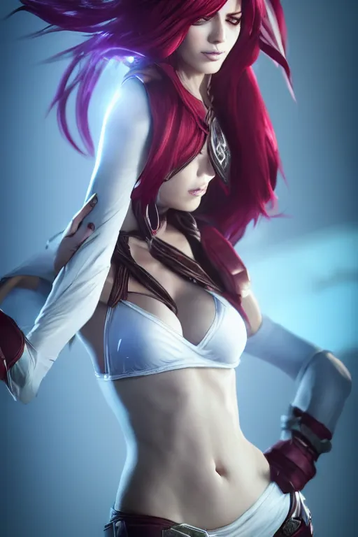 Image similar to Katarina from League of Legends, photorealistic full body, studio lighting, unreal engine 5, hyperrealistic, dynamic lighting, white ambient background, realistic, highly detailed