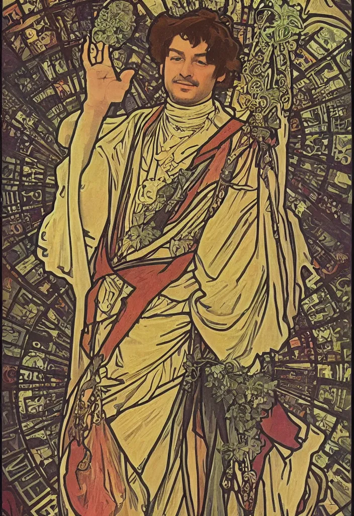 Image similar to geoffrey hinton as the emperor on a tarot card, tarot in art style by alphonse mucha