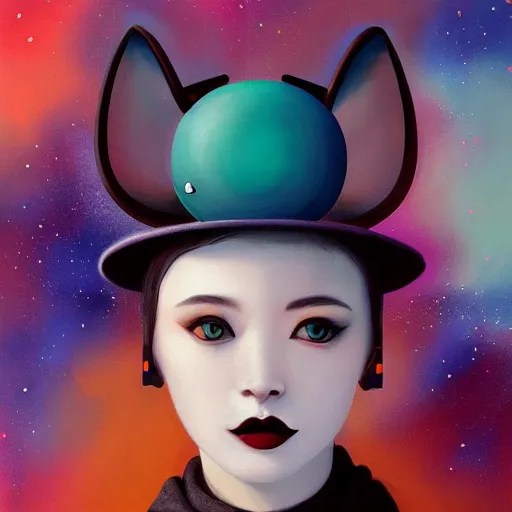 Image similar to a half robot cat wearing a hat medium shot, asymmetrical, profile picture, organic painting, nebula, matte painting, bold shapes, hard edges, street art, trending on artstation, by huang guangjian and gil elvgren and sachin teng