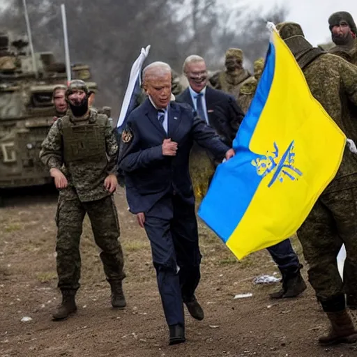 Image similar to Joe Biden fights in the azov battalion in the Ukraine War holding a ukrainian flag