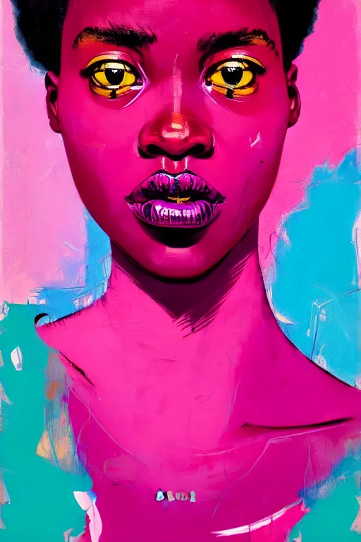 Image similar to portrait of a stylized african young lady with a story to tell, painted in acrylic, pigment textures, wet paint, in the colors hot pink and cyan, beautiful realistic face, rule of thirds, spotlight, by greg rutkowski, by jeremy mann, by francoise nielly, by van gogh, by ross tran, in focus