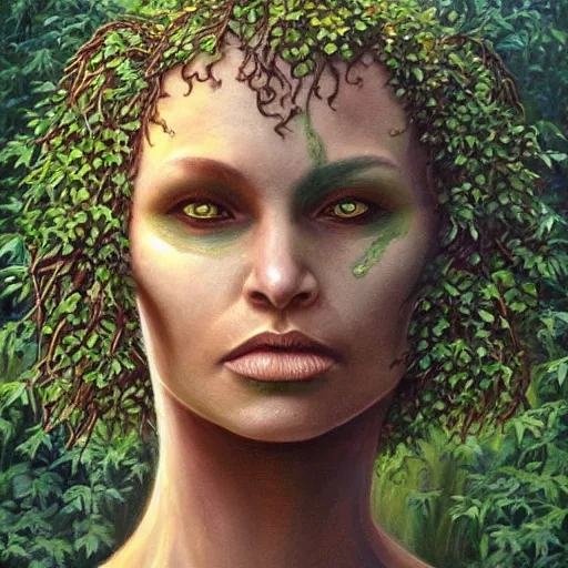 Prompt: A beautiful painting of female dryad, whose face is made of wood by Michael Whelan, Trending on artstation, subtle horror theme, menacing.