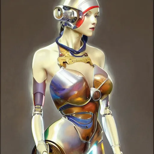 Image similar to female robot, chrome, holding paintbrush, incredibly detailed face, pretty face, true anatomy, art by artgerm and greg rutkowski and alphonse mucha