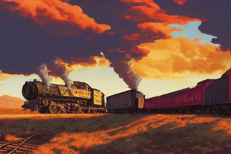 Image similar to idyllic old western freight train illustration by syd mead, artstation, 4 k, graphic novel, concept art, matte painting, steam engine spewing billowy white clouds of steam, beautiful mountain desert sunset background, golden hour