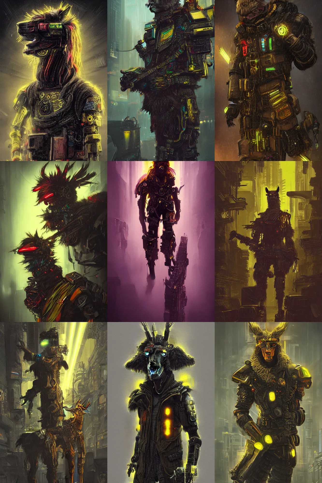 Prompt: Cyberpunk Anthro Llama Warrior, gritty, neon, castleton yellow highlights, detailed intricate ink illustration, Llama, dark atmosphere, detailed illustration, hd, 4k, digital art, overdetailed art, concept art, by Greg Rutkowski, Llama, Trending on artstation, deviantart, watched, faved, read