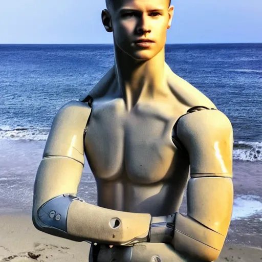 Image similar to a realistic detailed photo of a guy who is an attractive humanoid who is half robot and half humanoid, who is a male android, football player christian mccaffrey, shiny skin, posing like a statue, blank stare, by the beach, on display