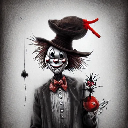 Image similar to surrealism grunge cartoon portrait sketch of a scarecrow with a wide smile and a red balloon by - michael karcz, loony toons style, pennywise style, horror theme, detailed, elegant, intricate