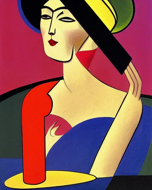 Prompt: a painting of a woman wearing a hat, an art deco painting by auguste herbin, featured on deviantart, qajar art, fauvism, art deco, egyptian art