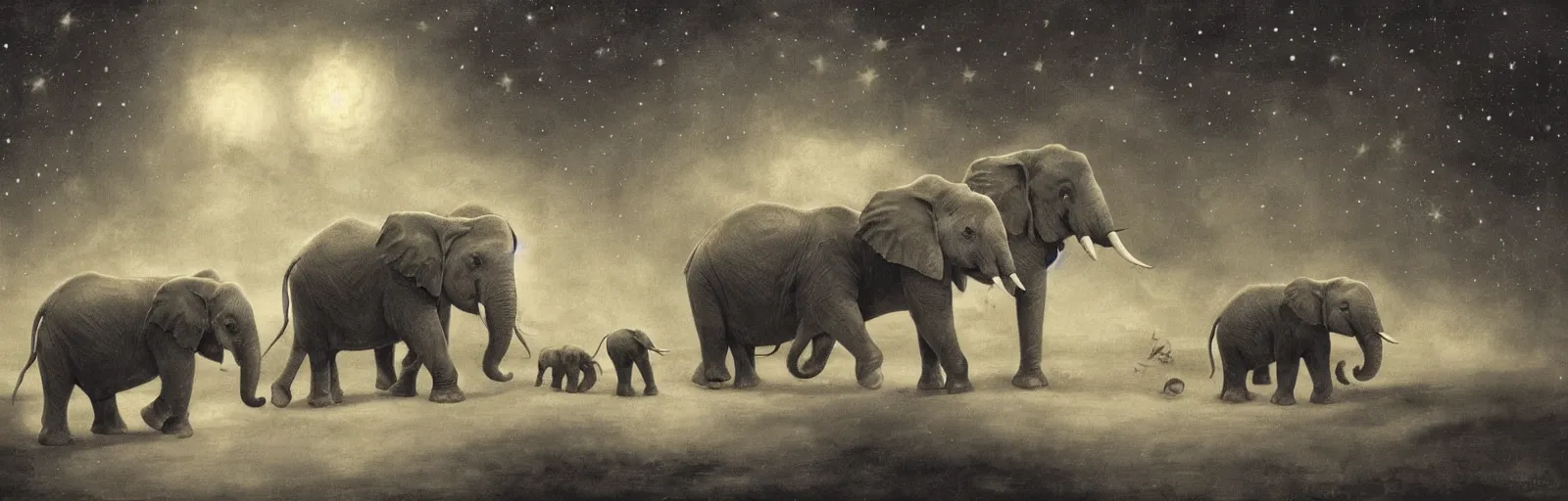 Image similar to two adult elephants and a baby elephants sleeping soundly under a starry sky, savannah, illustration, detailed, smooth, soft, warm, by Adolf Lachman, Shaun Tan, Surrealism