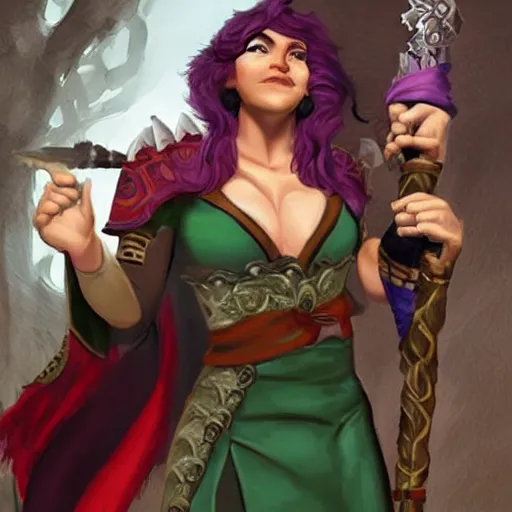 Image similar to liza minlelli daydreams about her dungeons and dragons character, a half orc bard who looks like her