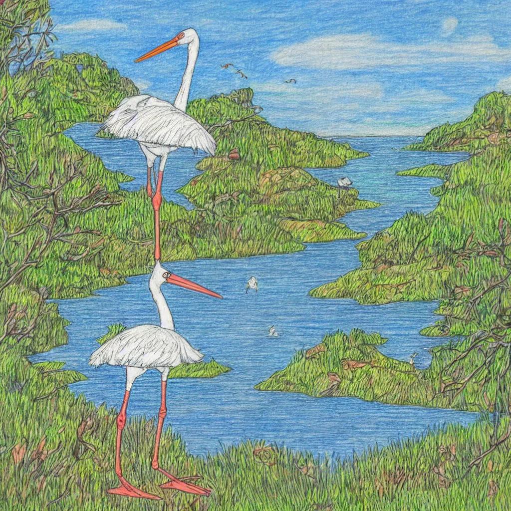 Image similar to post stamp drawing of a stork, lake and forest in distance, colourful, very detailed, 4 k