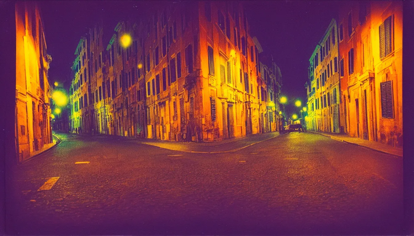 Image similar to colorful instant photograph of rome at night, polaroid, light leak, raw, nostalgic