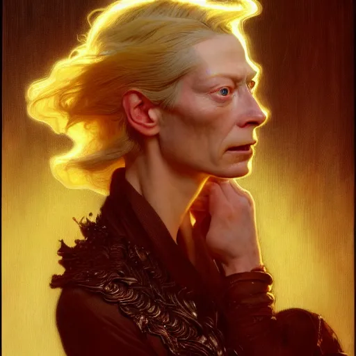 Image similar to young adult tilda swinton as lucifer morningstar, ornate long blond hair, natural lighting, path traced, highly detailed, high quality, digital painting, by gaston bussiere, craig mullins, alphonse mucha j. c. leyendecker