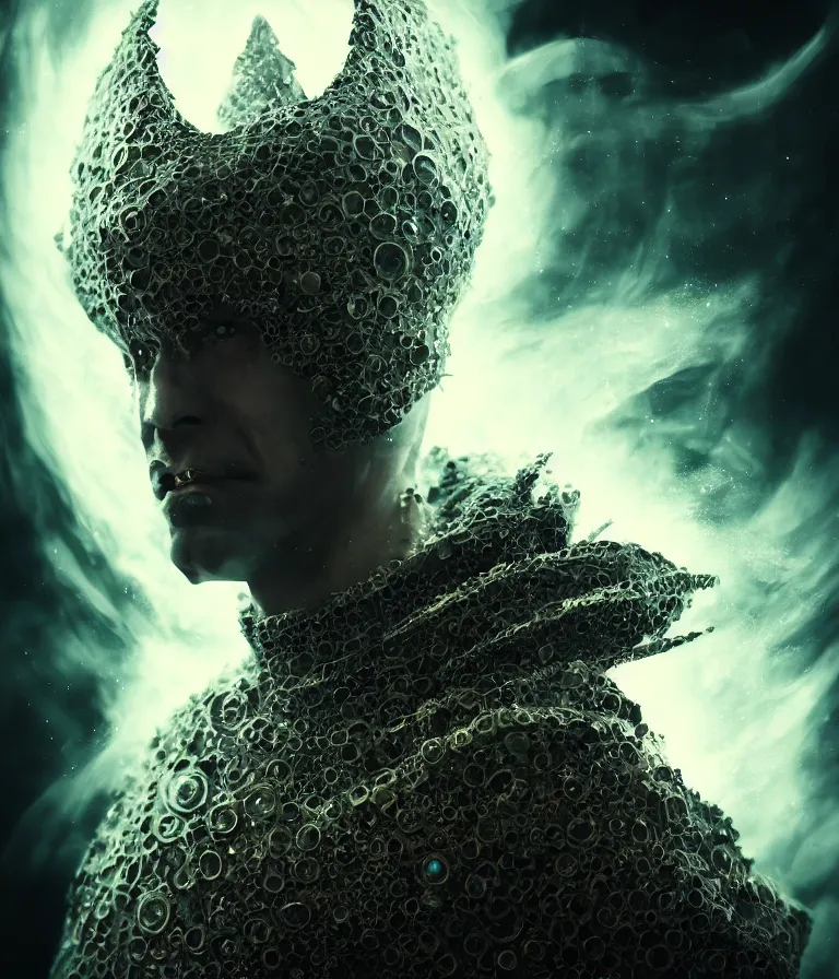 Image similar to impressive ominous front!! shot photo of a court jester character fine portrait fine portrait mesmerizing fractal hyper cubes platinum cracked dark future hyper dimensional space galactic crystal nebula edges elegant detailed intricate concept artstation sharp focus ray tracing cinematic masterpiece temporal corruption beeple wlop germ 8 4 k scifi glossy hyper realistic illustration canon eos r 3 fujifilm x - t 3 0 sony alpha a 6 6 0 0