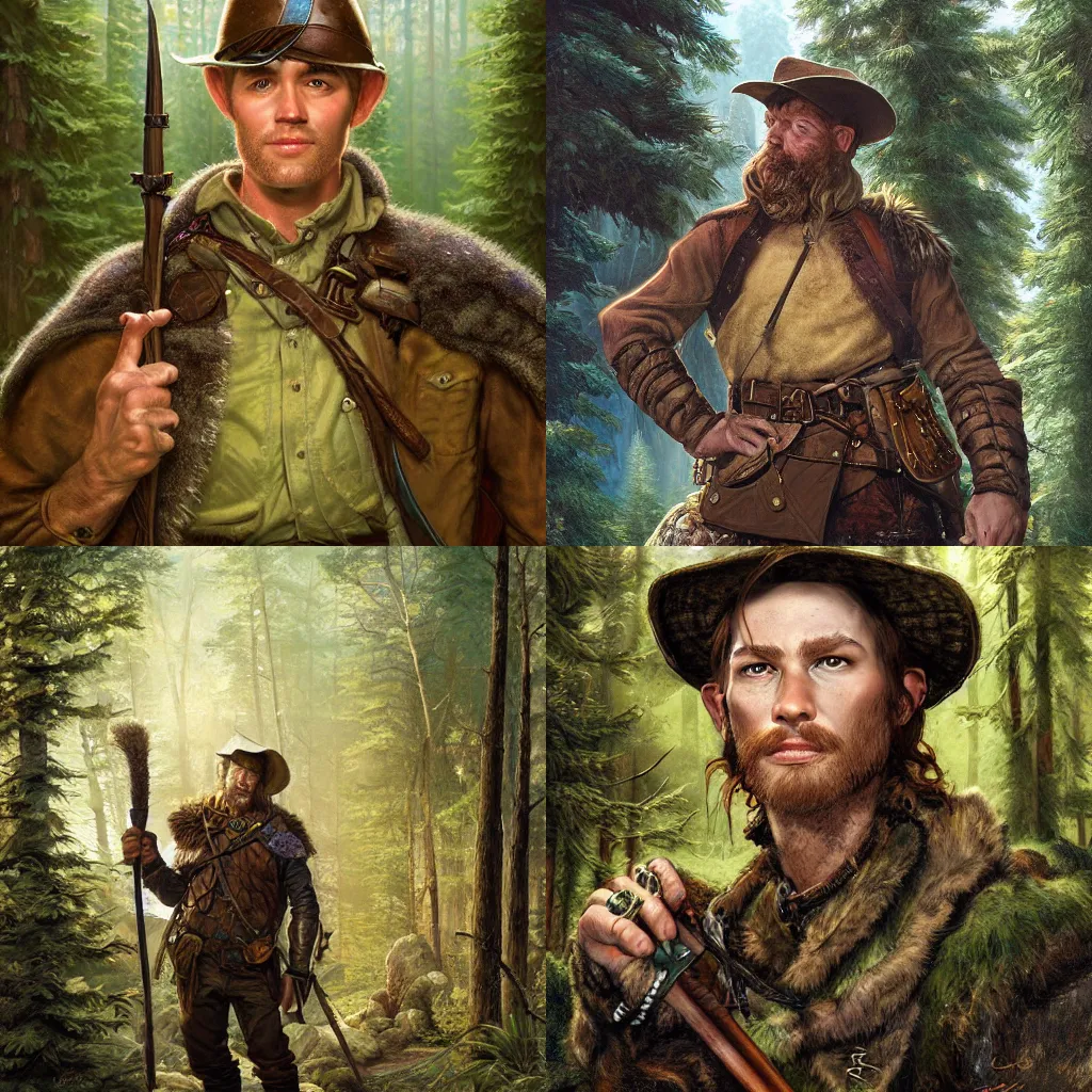 Prompt: A D&D portrait of a rugged ranger, forested background, bokeh, concept art by James C. Christensen