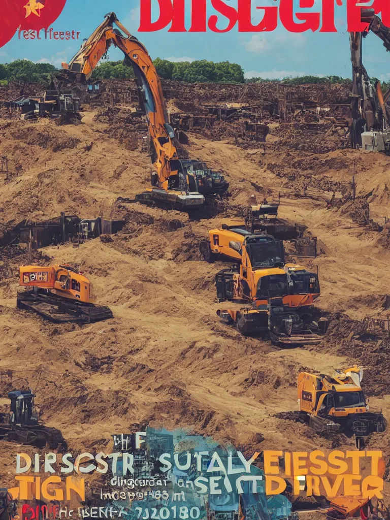 Image similar to poster for the diggerfest festival, in the uk, summer, diggers, teen vogue, 8 k, high detail, center of focus, rule of thirds, composition, y 2 k aesthetic