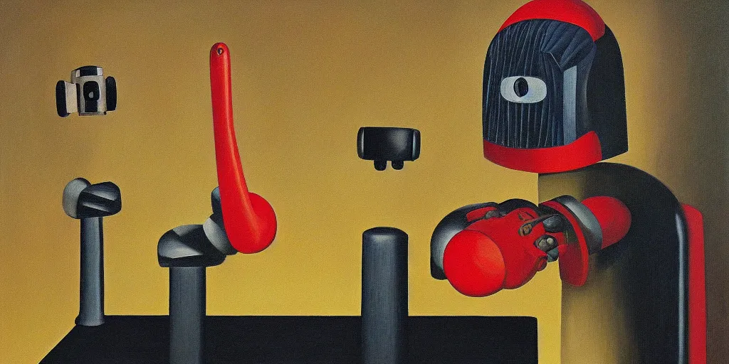 Image similar to evil mastermind robot portrait, grant wood, pj crook, edward hopper, oil on canvas