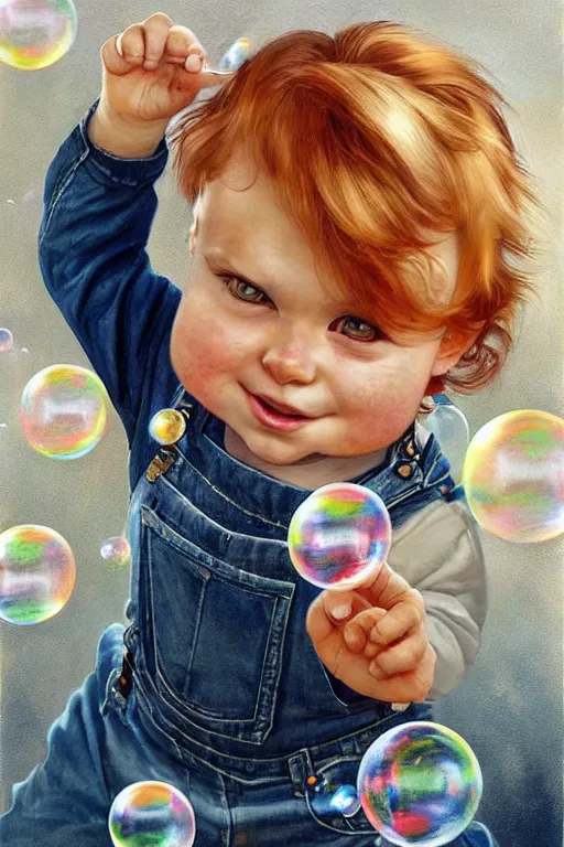 Image similar to a little boy with ginger hair wearing denim overalls chasing bubbles. clean elegant painting, beautiful detailed face, lots of bubbles. by artgerm and greg rutkowski and norman rockwell
