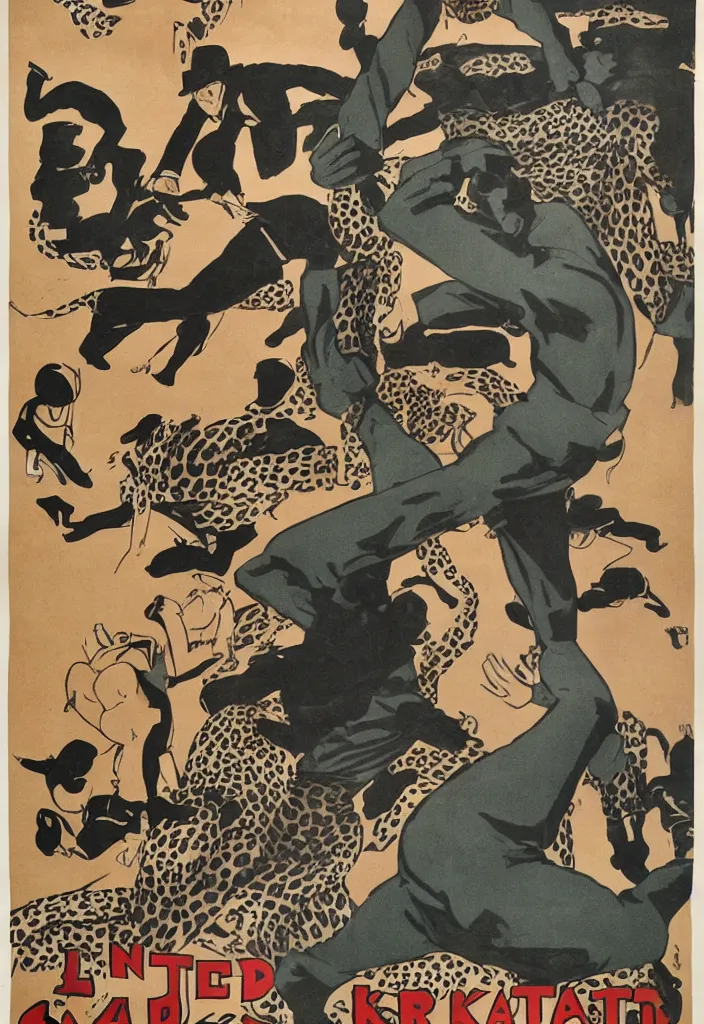 Image similar to 1 9 2 0's poster showing how to control attacking leopard with karate hand gestures, illustrating drawing, silk print