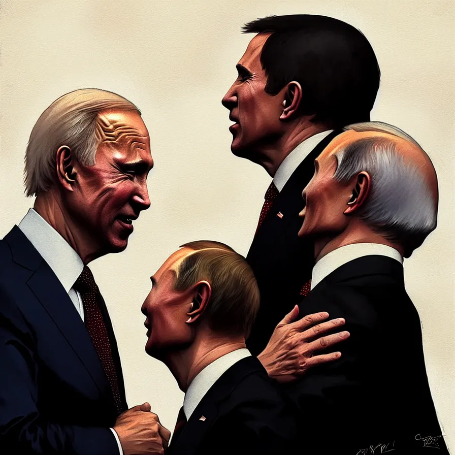 Image similar to putin kisses biden, detailed digital art by greg rutkowski.