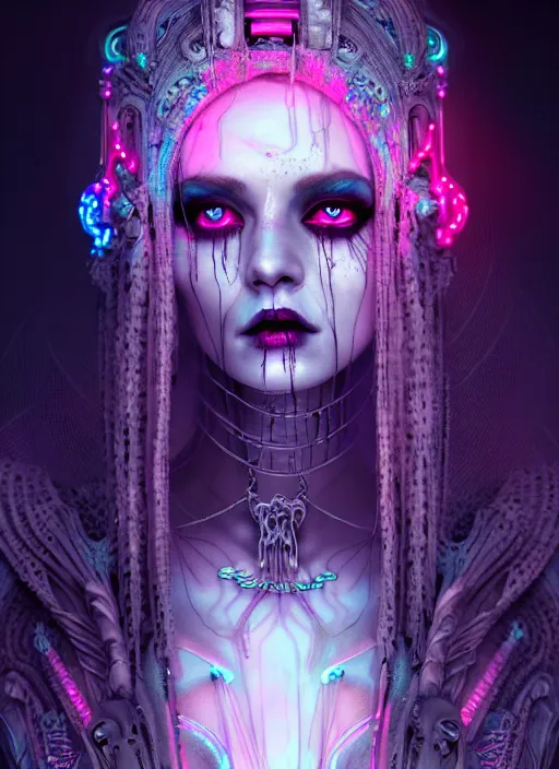 Prompt: goddess of death in a graveyard, white braids, decaying face, cyber neon lighting, retro futurism, intricate futuristic led lit jewelry, digital painting, realism, extreme detail, cinematic, trending on artstation, by hans zatzka
