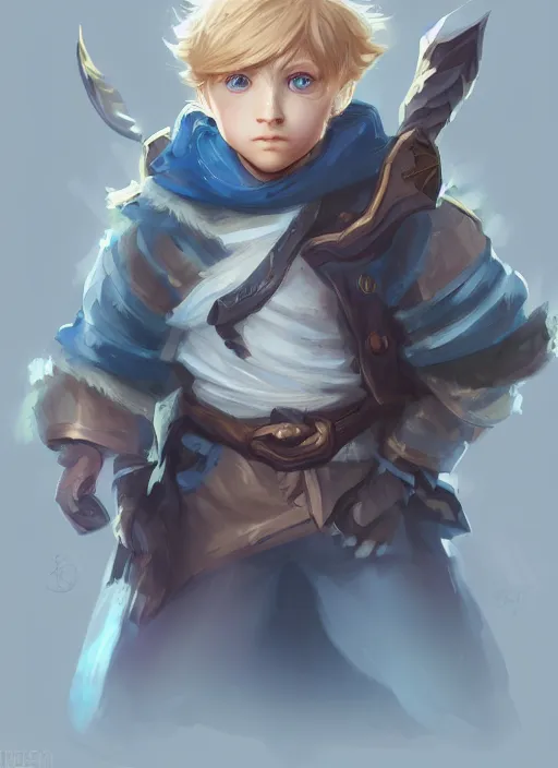 Image similar to a highly detailed illustration of cute little blonde blue eyes boy, wide eyed adventurous pose, intricate, elegant, highly detailed, centered, digital painting, artstation, concept art, smooth, sharp focus, league of legends concept art, WLOP